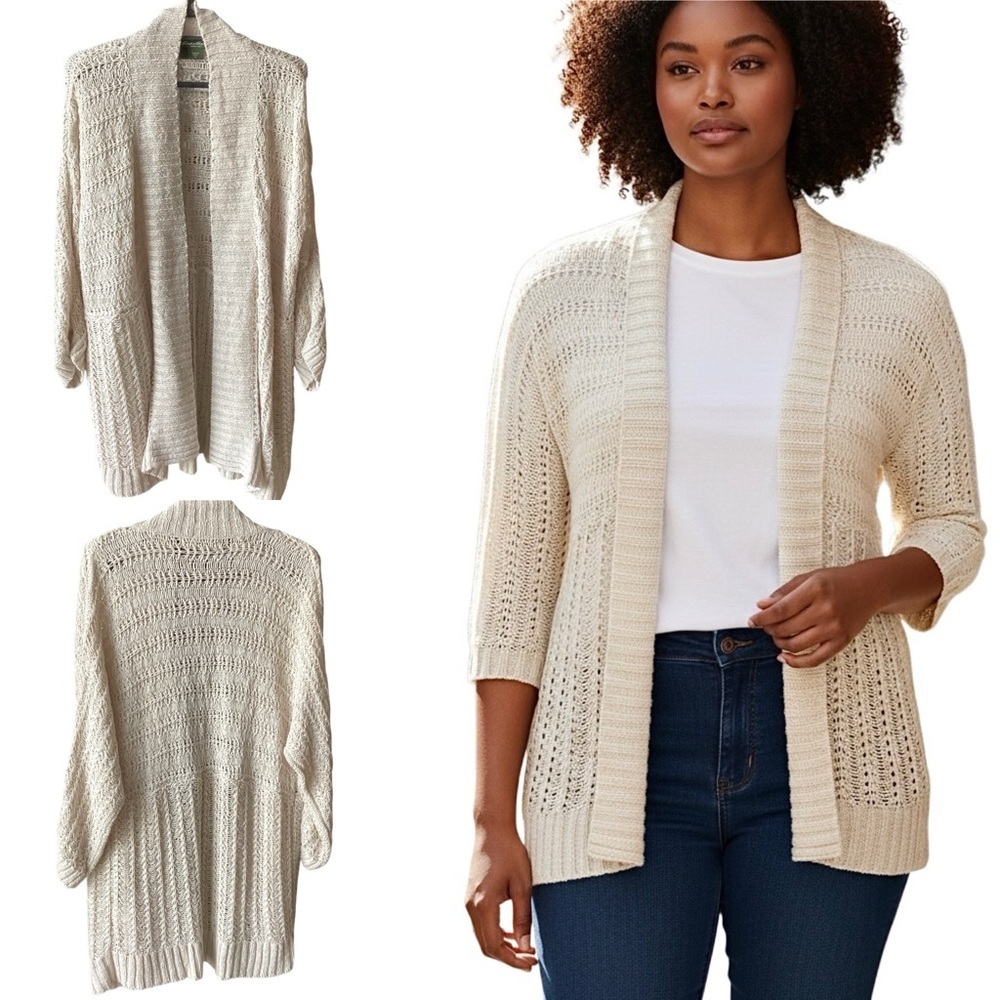 Eddie Bauer Cream Open-Front 100% Linen Knit Sweater Cardigan Women’s Size XL - Picture 4 of 16
